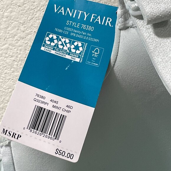 NWT, VANITY FAIR Beauty Back Full Figure No Poke Underwire Bra, Pale Green - 46D - Picture 9 of 10